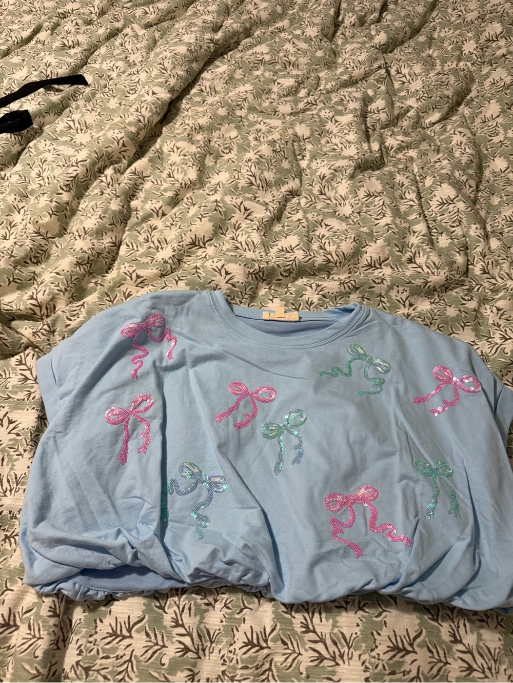 Girls' Light Blue Bow-Embellished Short Sleeve Top